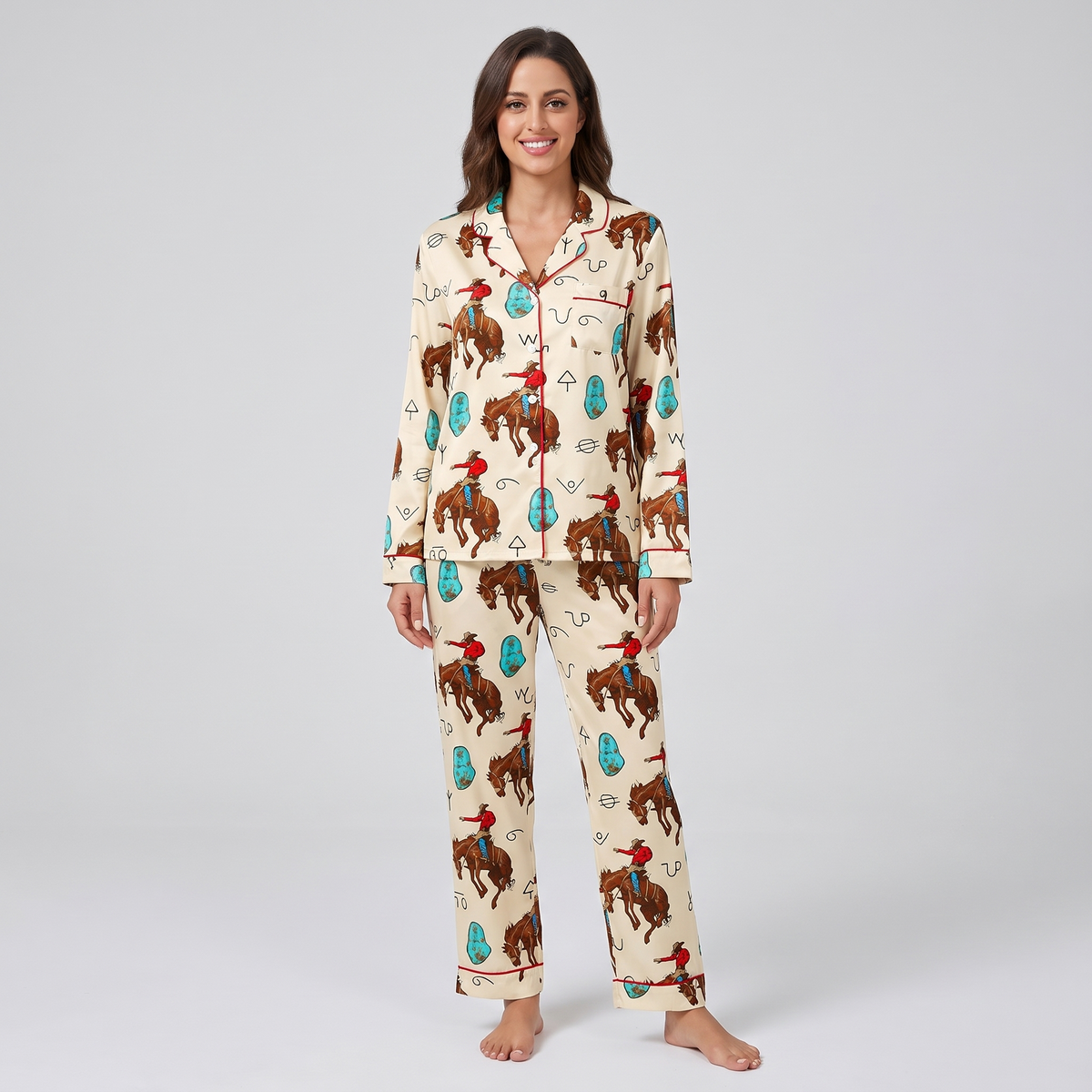 Turquoise Bronc Rider Horse Women's Pajama Set - long sleeve and pants