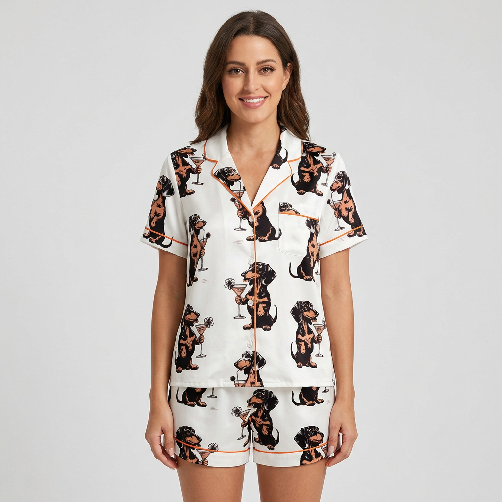 Women's satin pajama set with black-and-tan dachshunds holding martinis with olives on white - short sleeve and shorts
