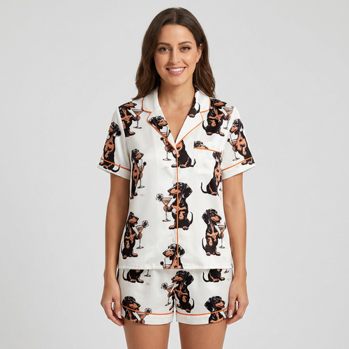 Women's satin pajama set with black-and-tan dachshunds holding martinis with olives on white - short sleeve and shorts