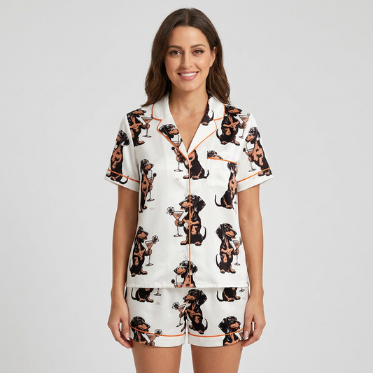 Women's satin pajama set with black-and-tan dachshunds holding martinis with olives on white - short sleeve and shorts