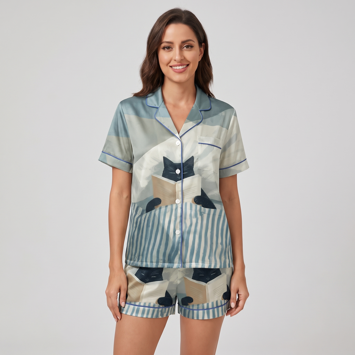 Bookworm Cat Women's Pajama Set - short sleeve and shorts