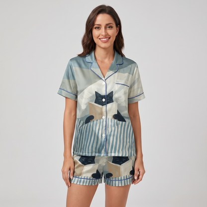 Bookworm Cat Women's Pajama Set - short sleeve and shorts