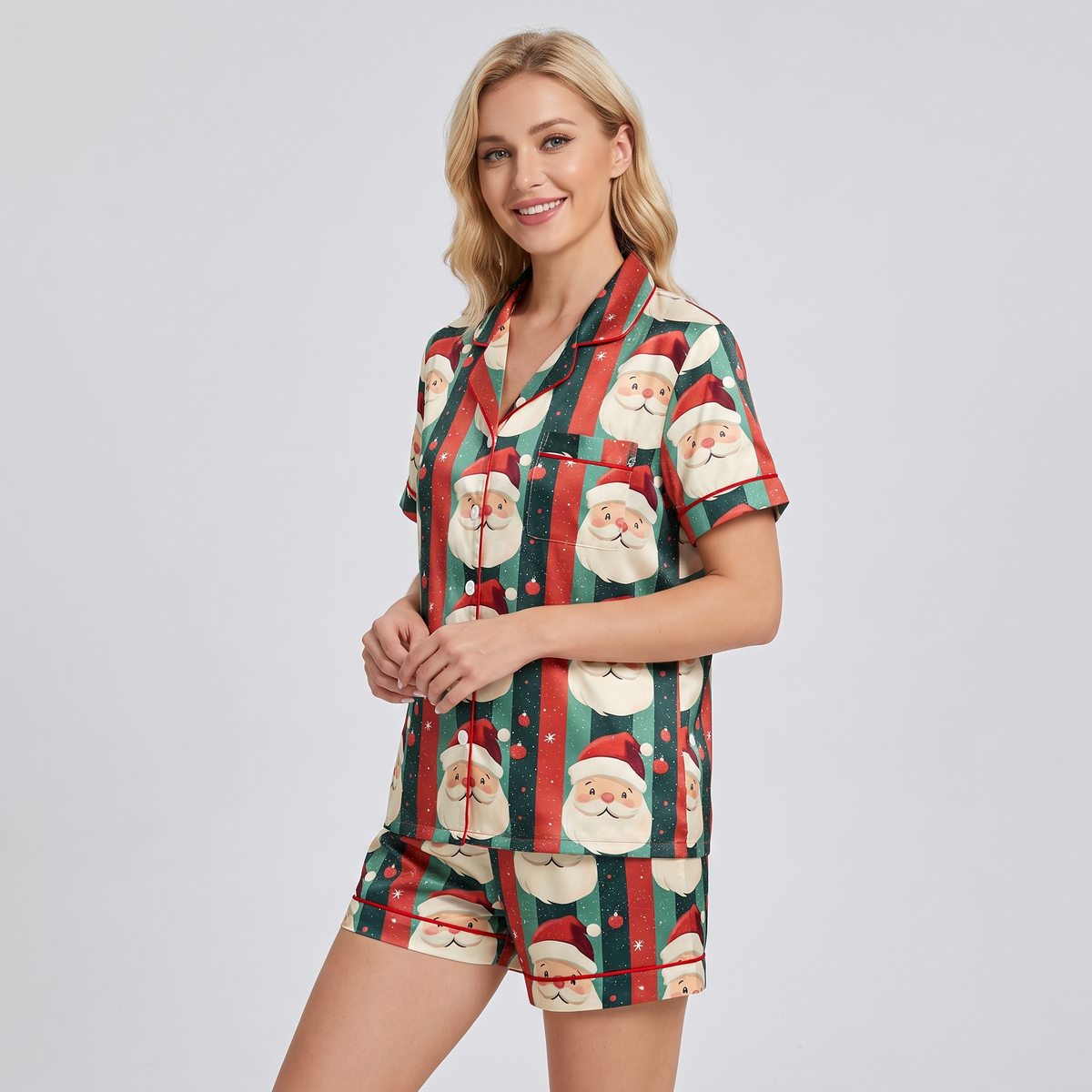 Candy Stripe Santas Women's Pajama Set - short sleeve and shorts