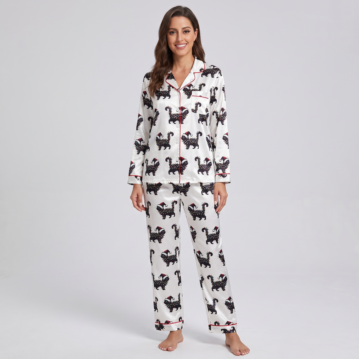 Black Cat Christmas Lights Women's Pajama Set - long sleeve and pants
