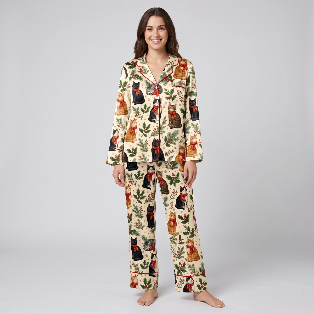 Holly Scarf Cats Christmas Women's Pajama Set - long sleeve and pants