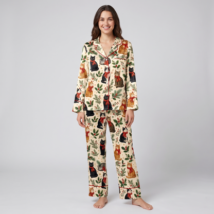 Holly Scarf Cats Christmas Women's Pajama Set - long sleeve and pants