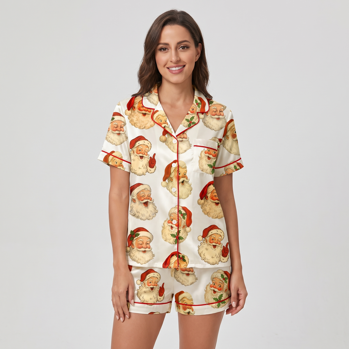 Classic Santa Faces Women's Pajama Set - short sleeve and shorts