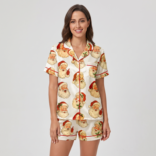 Classic Santa Faces Women's Pajama Set - short sleeve and shorts
