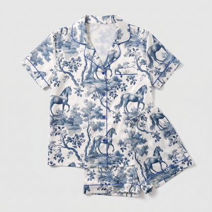 Blue Toile Meadow Horses Women's Pajama Set - flat lay