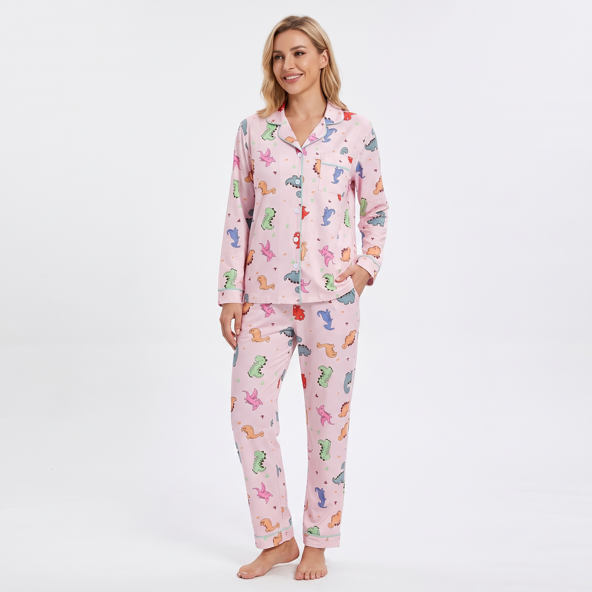Dino Dreams Women's Pajama Set - Pink - long sleeve and pants
