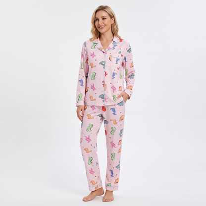Dino Dreams Women's Pajama Set - Pink - long sleeve and pants