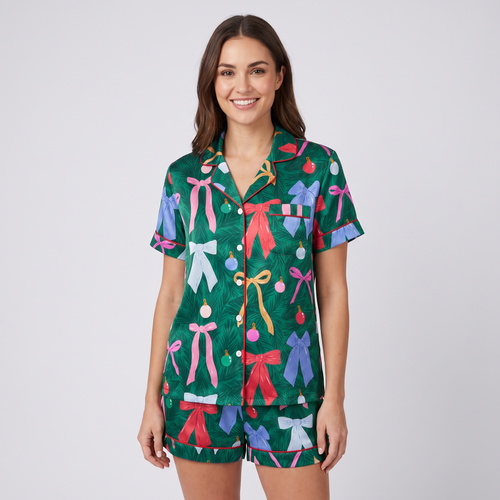 Emerald Ribbons & Ornaments Women's Pajama Set - short sleeve and shorts