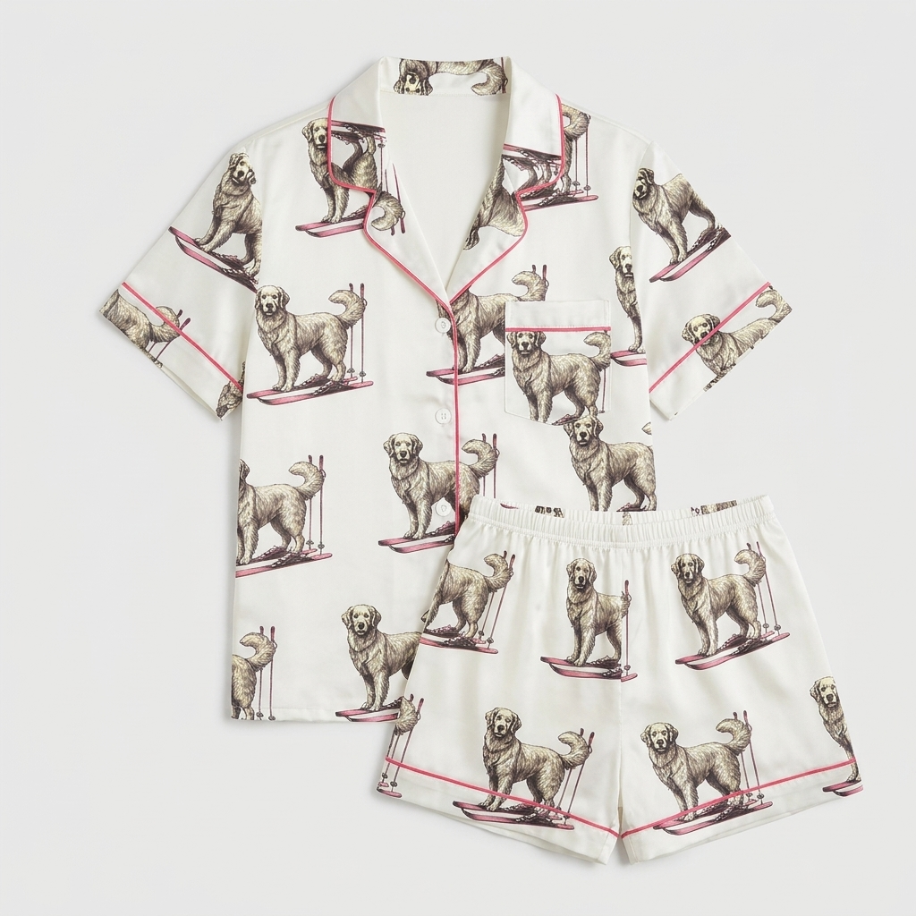 Women's satin pajama set with sketched golden retrievers skiing on pink skis on snowy white - flat lay