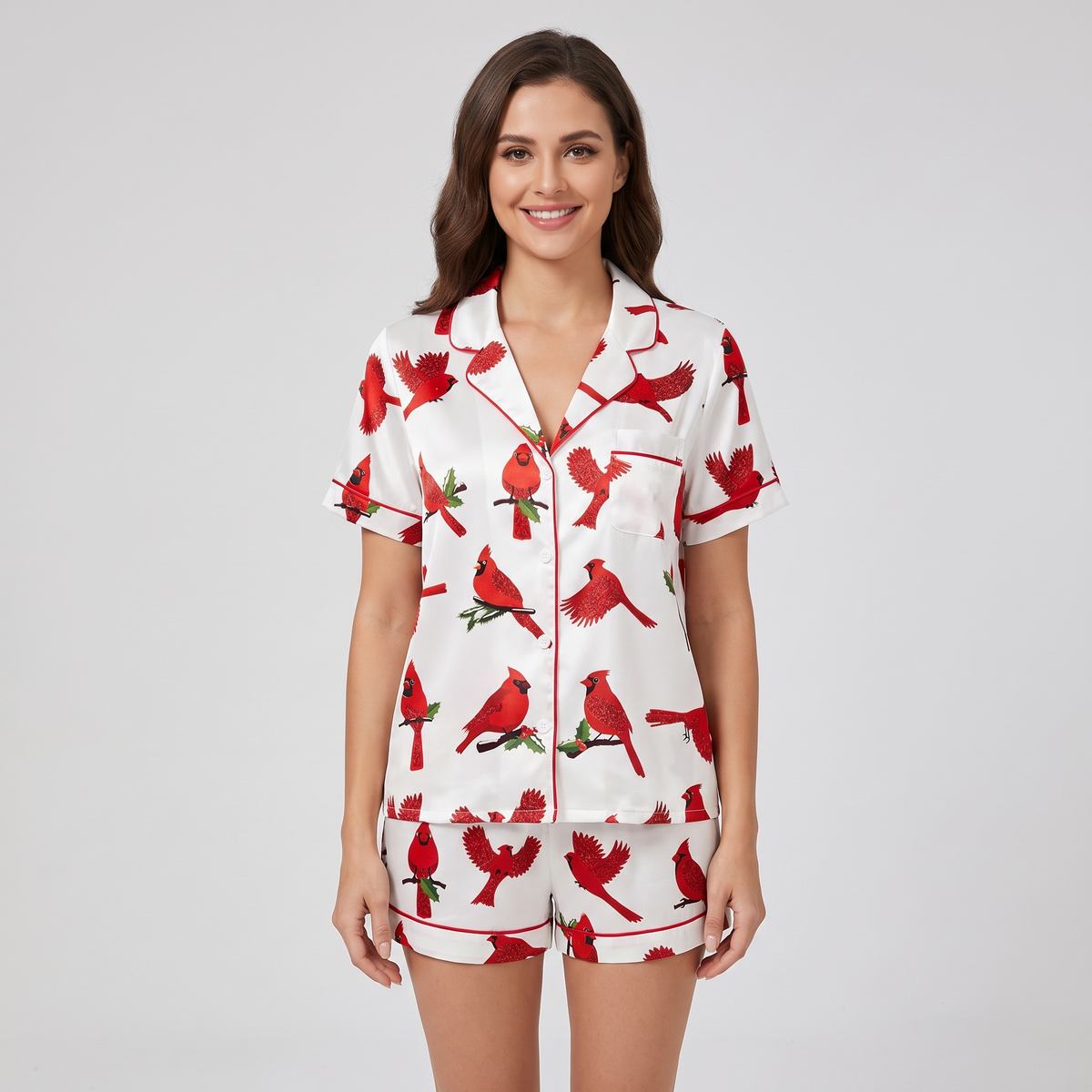 Christmas Cardinals Women's Pajama Set - short sleeve and shorts
