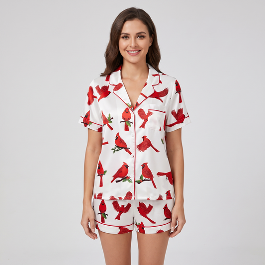 Christmas Cardinals Women's Pajama Set - short sleeve and shorts