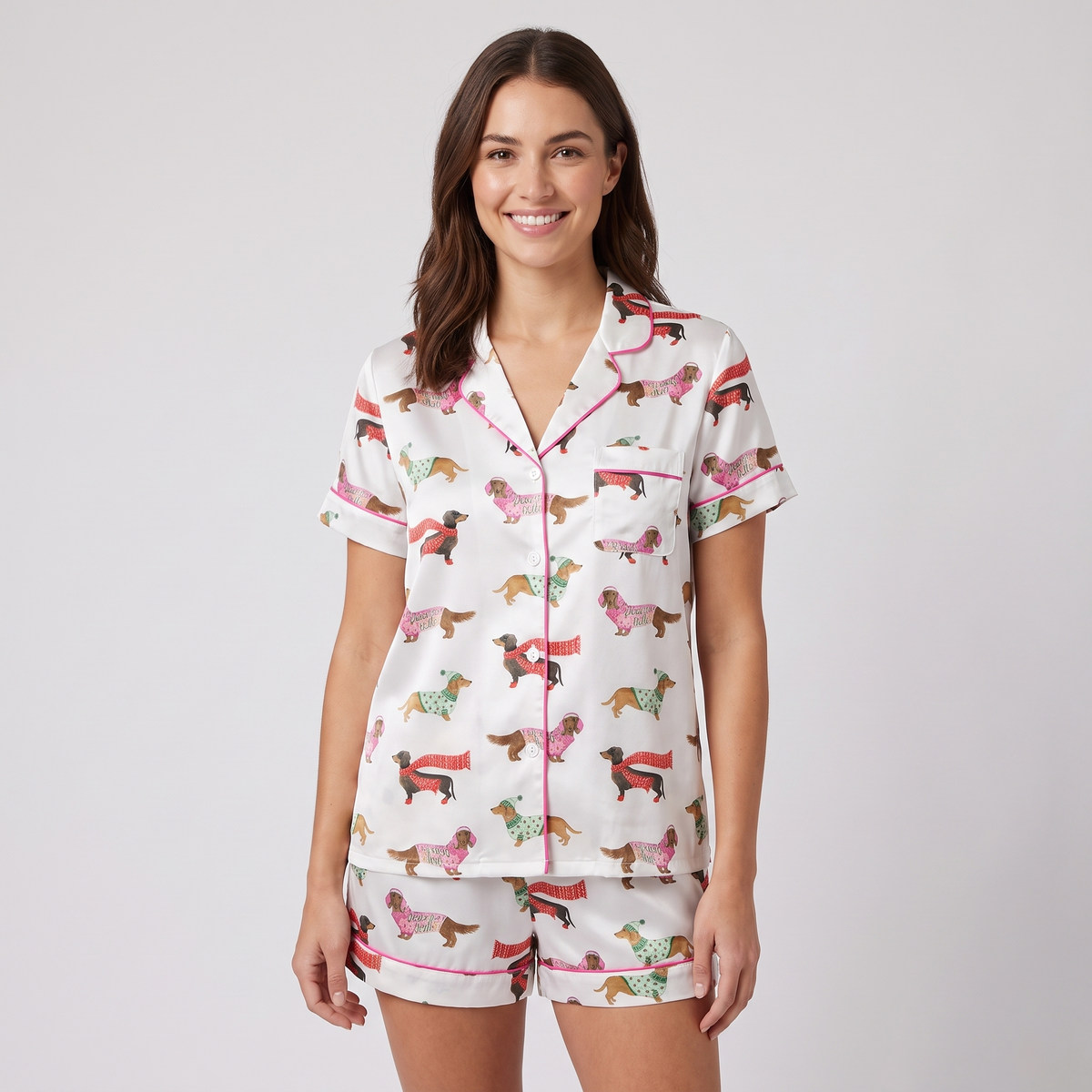 Deck The Halls Weenie Dogs Women's Pajama Set - short sleeve and shorts