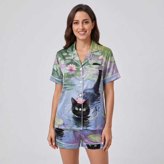 Water Lily Cat Women's Pajama Set - short sleeve and shorts