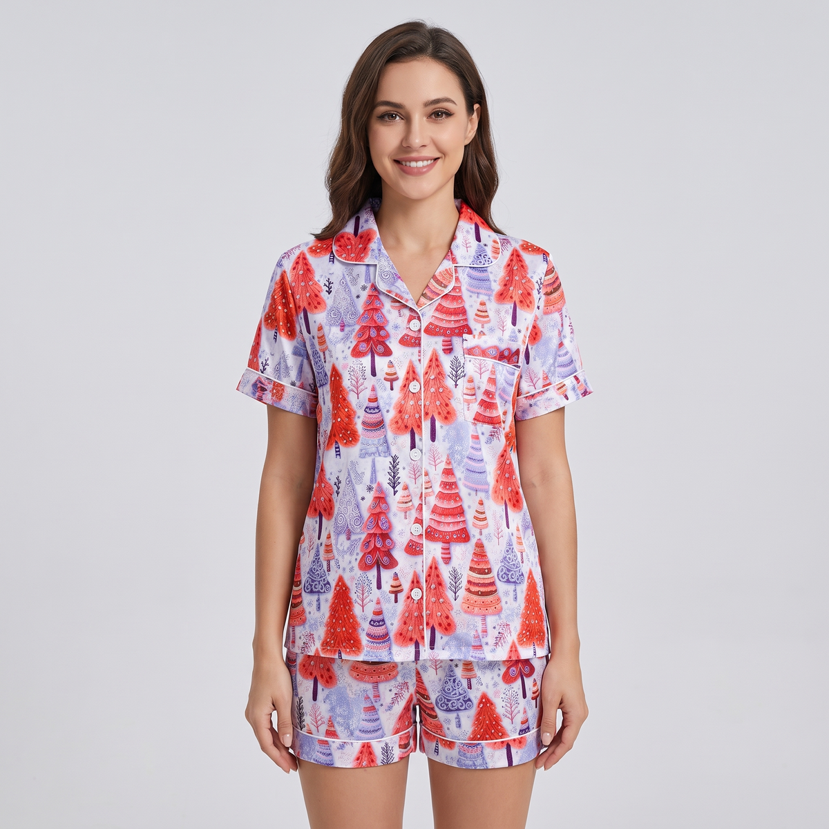 Pink & Green Christmas Forest Women's Pajama Set - Purple
