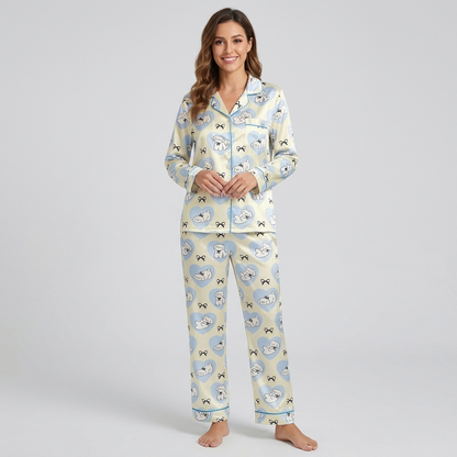 Fluffy Dogs in Blue Hearts Women's Pajama Set - Beige long sleeve and pants