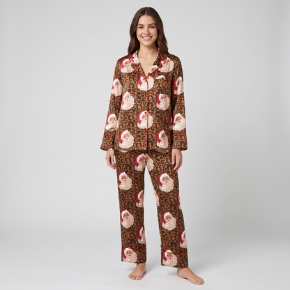 Leopard Print Santa Women's Pajama Set - long sleeve and pants