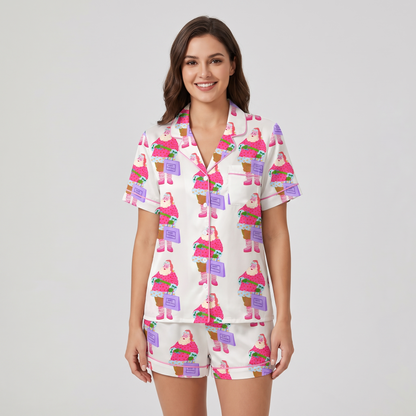 Pink Santa Shopping Spree Women's Pajama Set - short sleeve and shorts