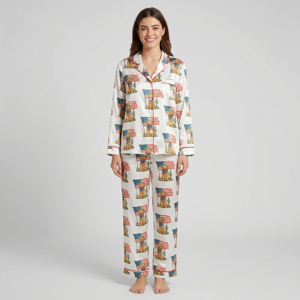 Women's satin pajama set with golden retrievers in cowboy hats and bandanas beside flags and cacti on white - long sleeve and pants