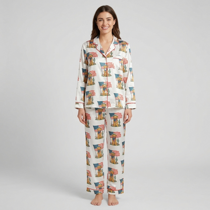 Women's satin pajama set with golden retrievers in cowboy hats and bandanas beside flags and cacti on white - long sleeve and pants