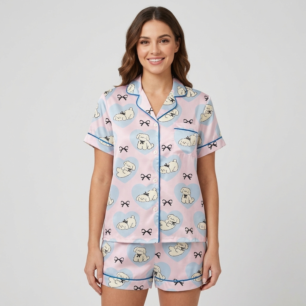 Fluffy Dogs in Blue Hearts Women's Pajama Set - Pink short sleeve and shorts