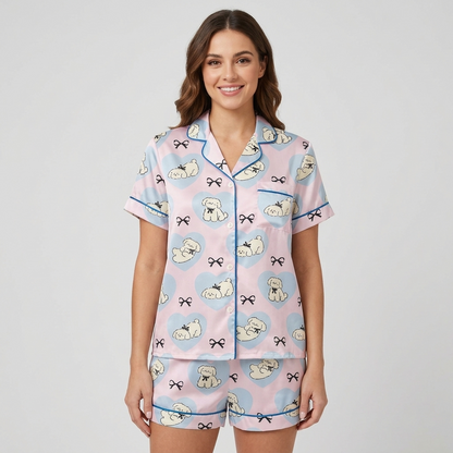 Fluffy Dogs in Blue Hearts Women's Pajama Set - Pink short sleeve and shorts