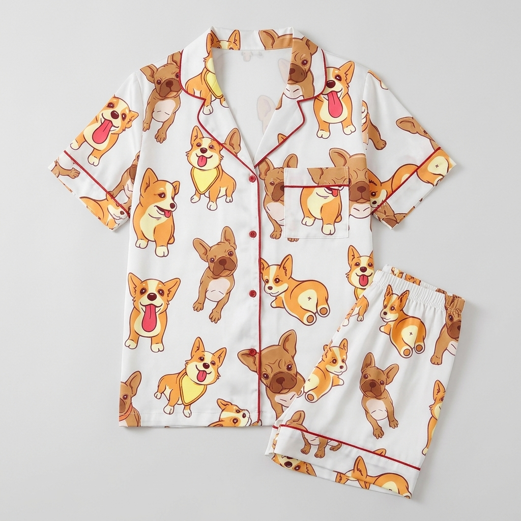 Women's satin pajama set with smiling corgis and fawn French bulldogs with tongues out on white - flat lay