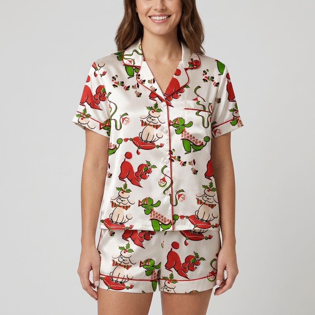 Women's satin pajama set with red and green poodles with holly and candy canes on white - short sleeve and shorts