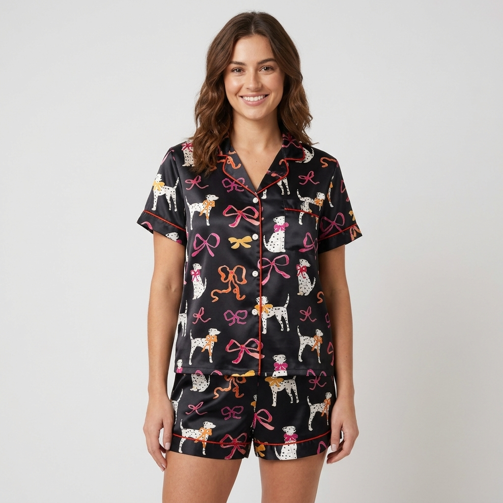 Dalmatians and Red Bows Women's Pajama Set - Black short sleeve and shorts