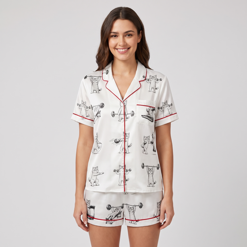 Weightlifting Cats Women's Pajama Set - short sleeve and shorts