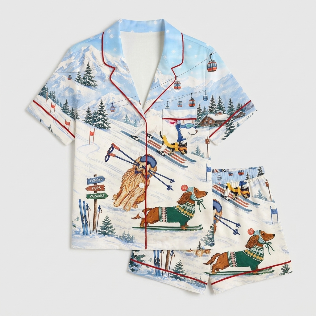 Women's satin pajama set with dachshunds in green sweaters skiing past pine trees and a gondola - flat lay