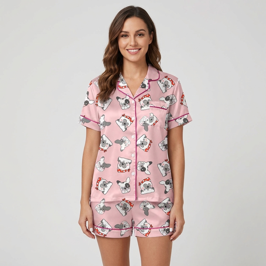 Women's satin pajama set with squishy French bulldog faces in red heart bows on soft pink - short sleeve and shorts