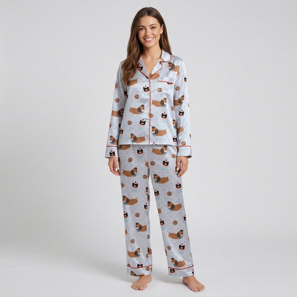 Dachshund Cookies and Cupcakes Women's Pajama Set - Blue long sleeve and pants