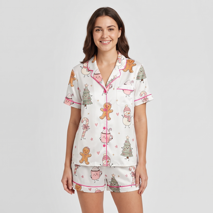 Pink Hot Cocoa Doodles Women's Pajama Set - short sleeve and shorts