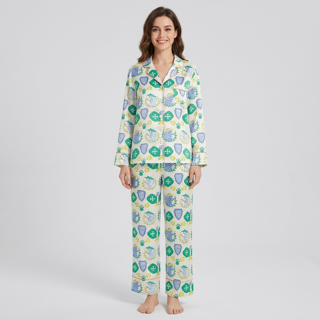 Women's satin pajama set with laurel-wreathed poodles in sun visors with paddles and balls on white - long sleeve and pants