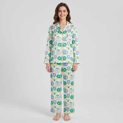 Women's satin pajama set with laurel-wreathed poodles in sun visors with paddles and balls on white - long sleeve and pants
