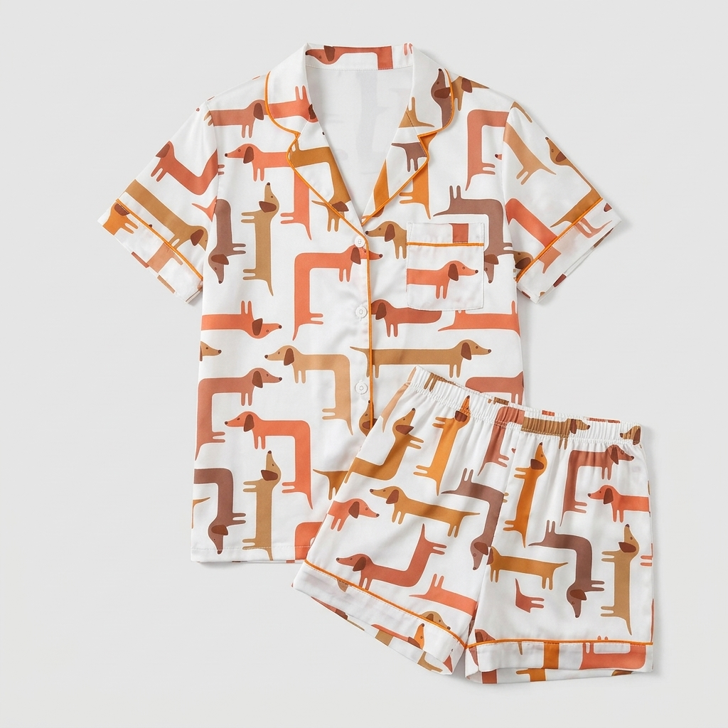 Women's satin pajama set with rows of rust, caramel and toffee dachshunds on crisp white - flat lay