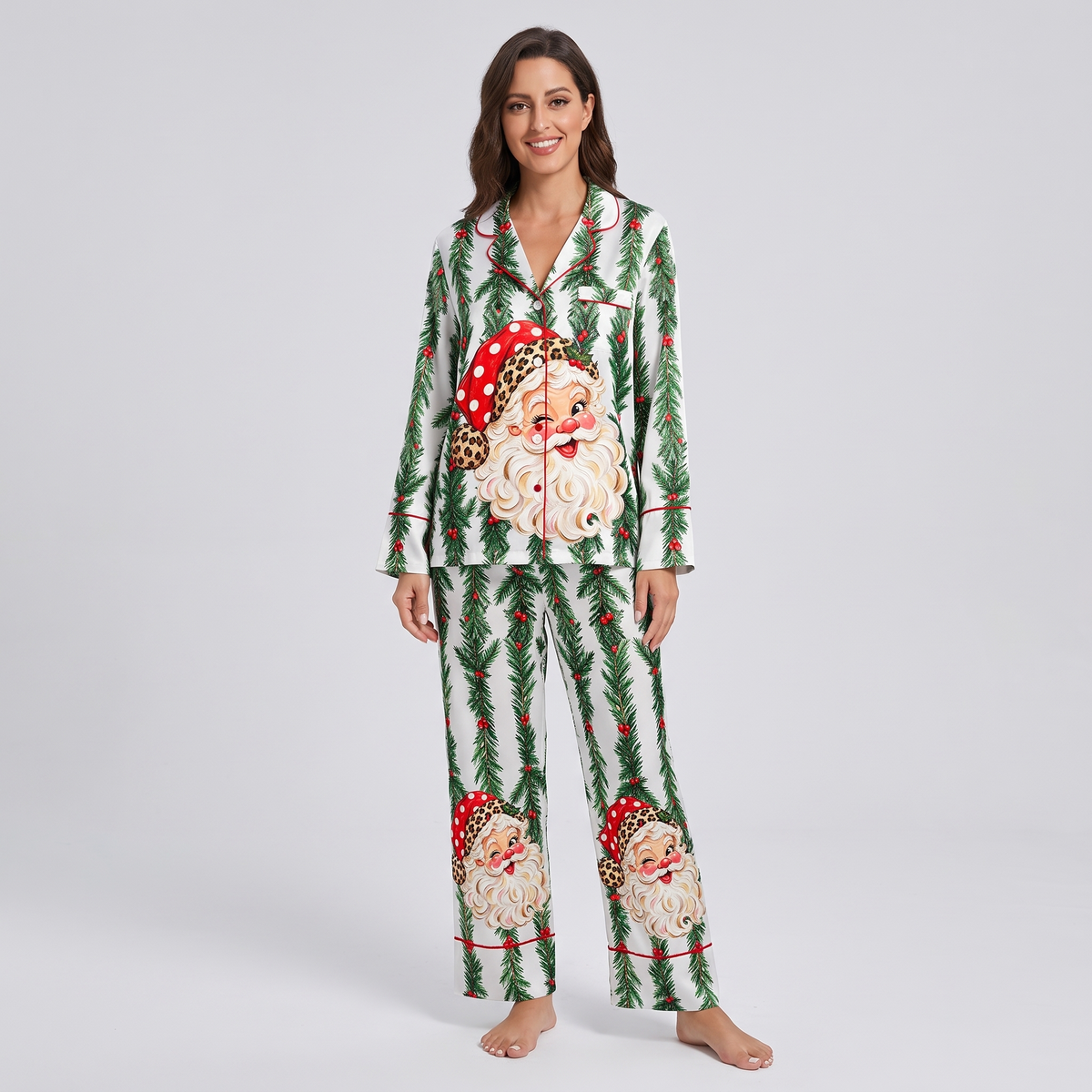 Leopard Hat Santa Wreath Women's Pajama Set - long sleeve and pants