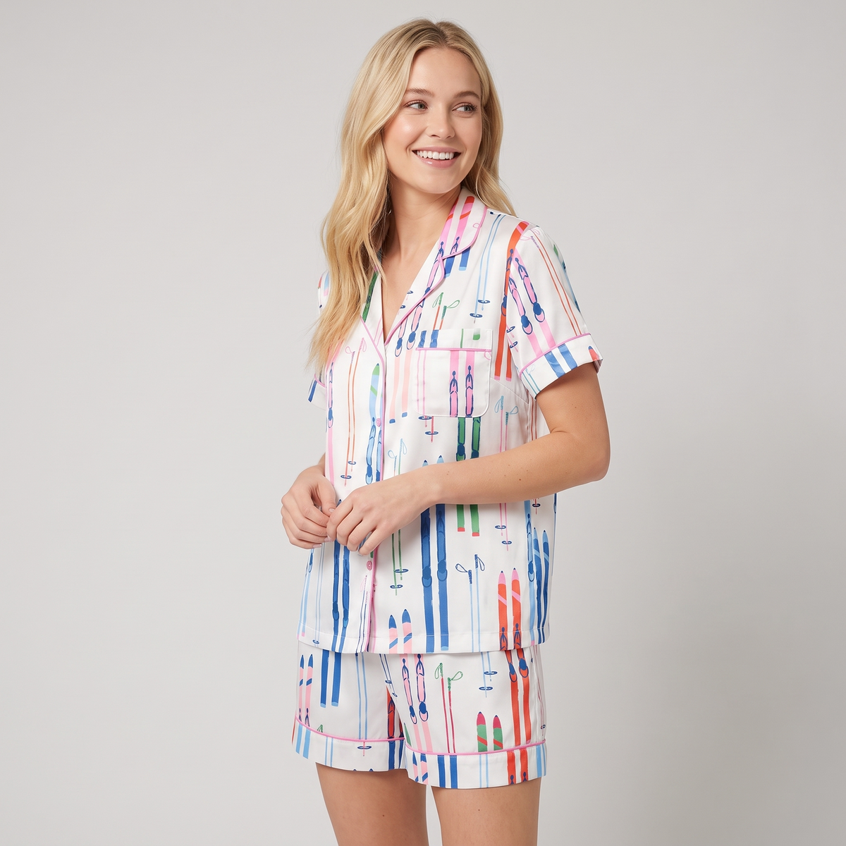 Striped Skis Women's Pajama Set - short sleeve and shorts