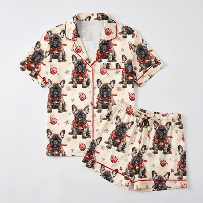 Black Frenchie Christmas Women's Pajama Set - flat lay