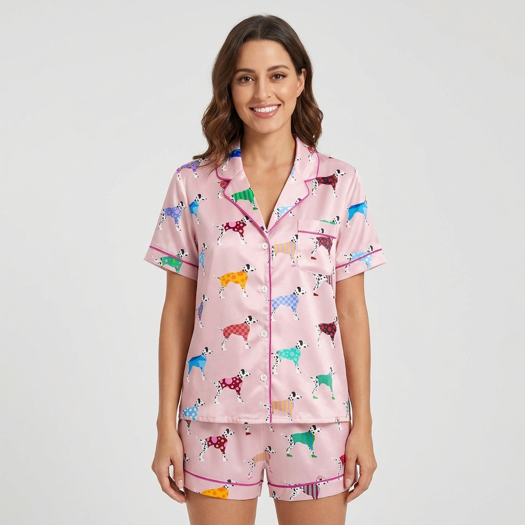Women's satin pajama set with Dalmatians in rainbow polka dot and striped sweaters on blush pink with hot pink piping - short sleeve and shorts