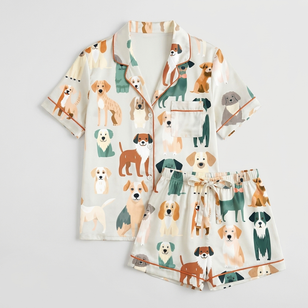 Women's satin pajama set with a lineup of cartoon dogs in tan, teal and brown on creamy white with orange piping - flat lay