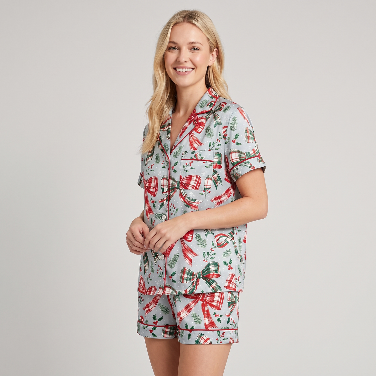 Plaid Ribbon Bows Women's Pajama Set - short sleeve and shorts
