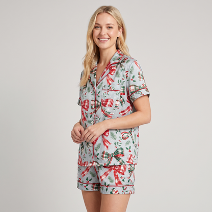 Plaid Ribbon Bows Women's Pajama Set - short sleeve and shorts