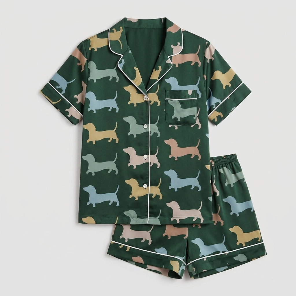 Women's satin pajama set with tan, sky blue and blush dachshunds on deep forest green with white piping - flat lay