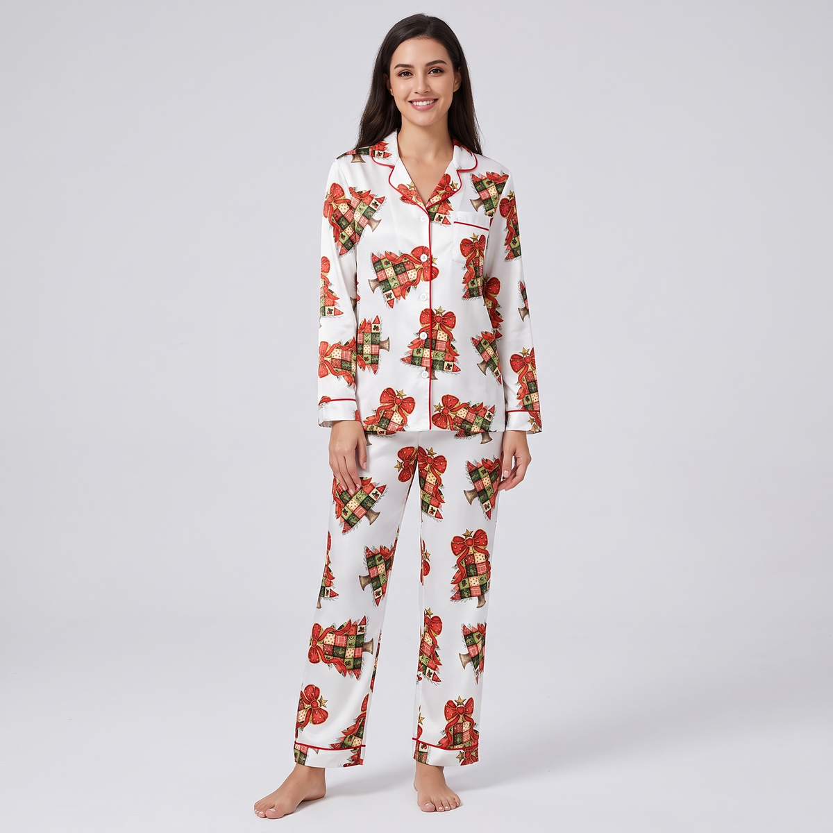 Patchwork Bow Trees Women's Pajama Set - long sleeve and pants
