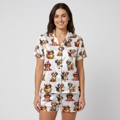 Women's satin pajama set with brown-and-white shih tzus in party hats, armchairs and autumn wreaths on white - short sleeve and shorts